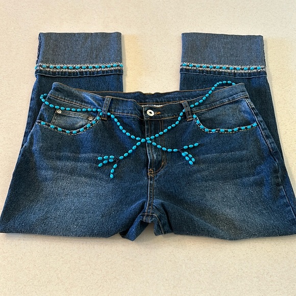 DH2 by Diane Gilman Embellished Beaded Belted Cuffed Jeans 14P 💙🩵 STUNNING! - Picture 5 of 15